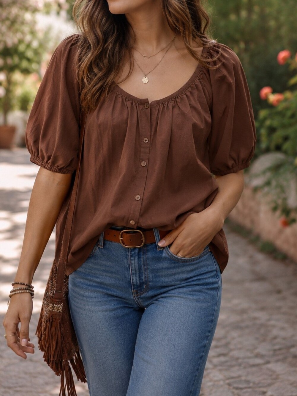 NWT Old Navy Brown 100% Cotton Button Front Peasant Blouse Puff Sleeve Boho